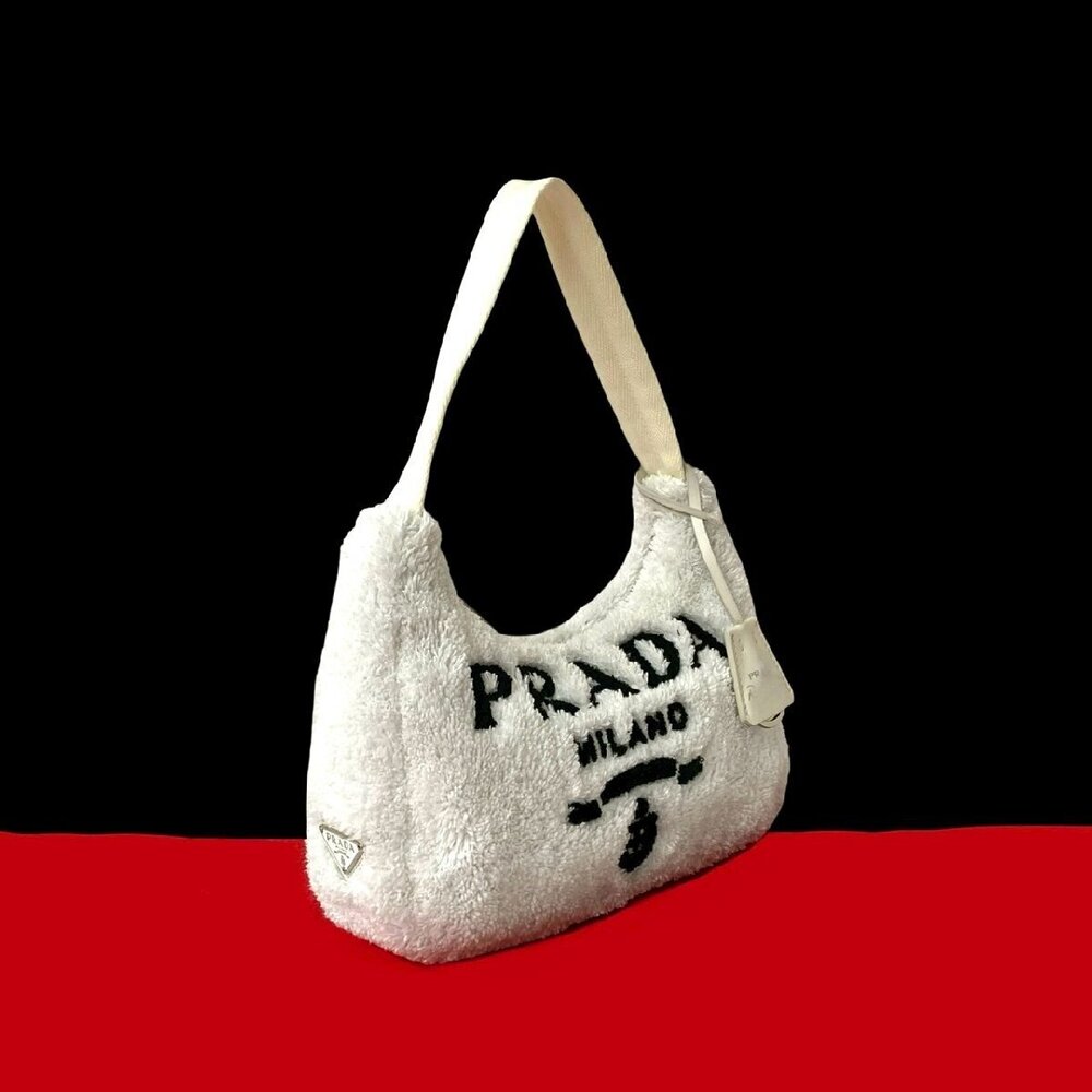Prada Terry Triangle Pile Handbag Hobo Bag Clutch White